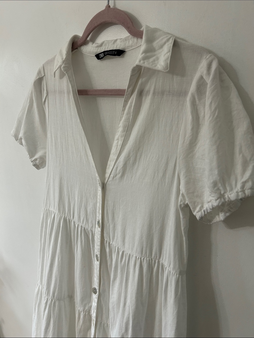 Zara Dress Linen Maxi Medium White Button-Front Tiered Cottagecore Puff Sleeve - Picture 8 of 14